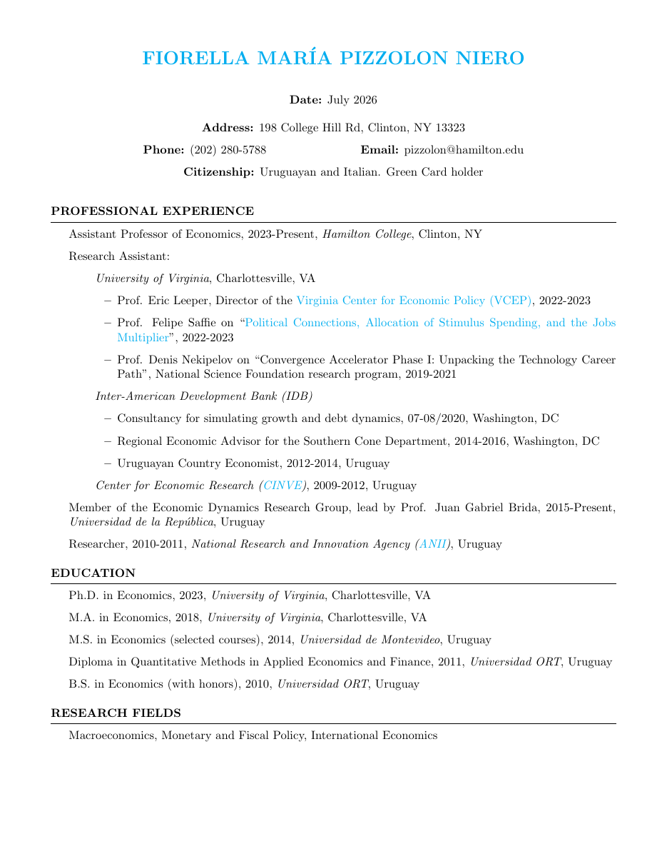 First page of the curriculum vitae